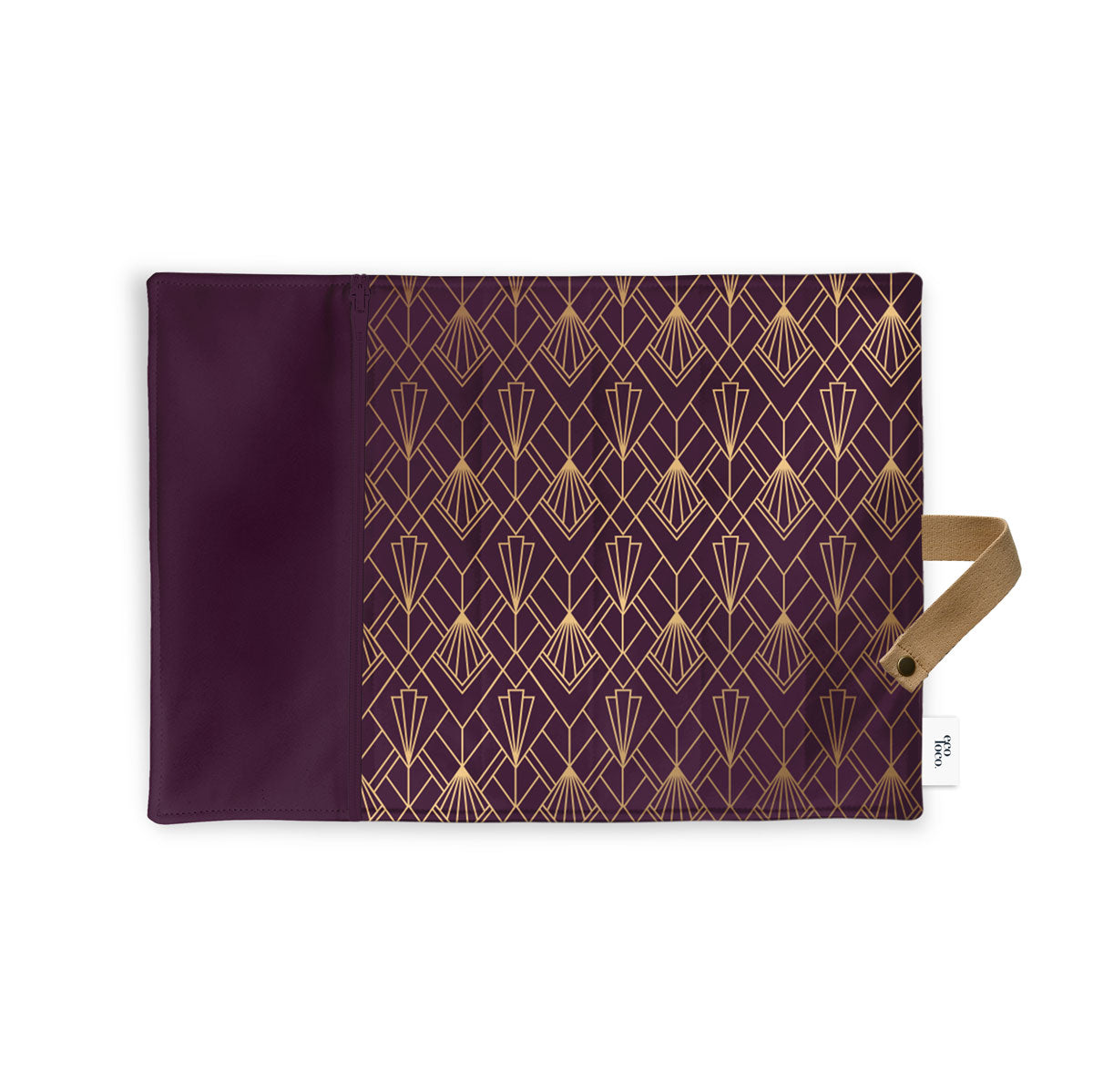 Napperon de textile réutilisable avec une pochette contenant une fourchette et un couteau argent fond blanc motif art déco mauve