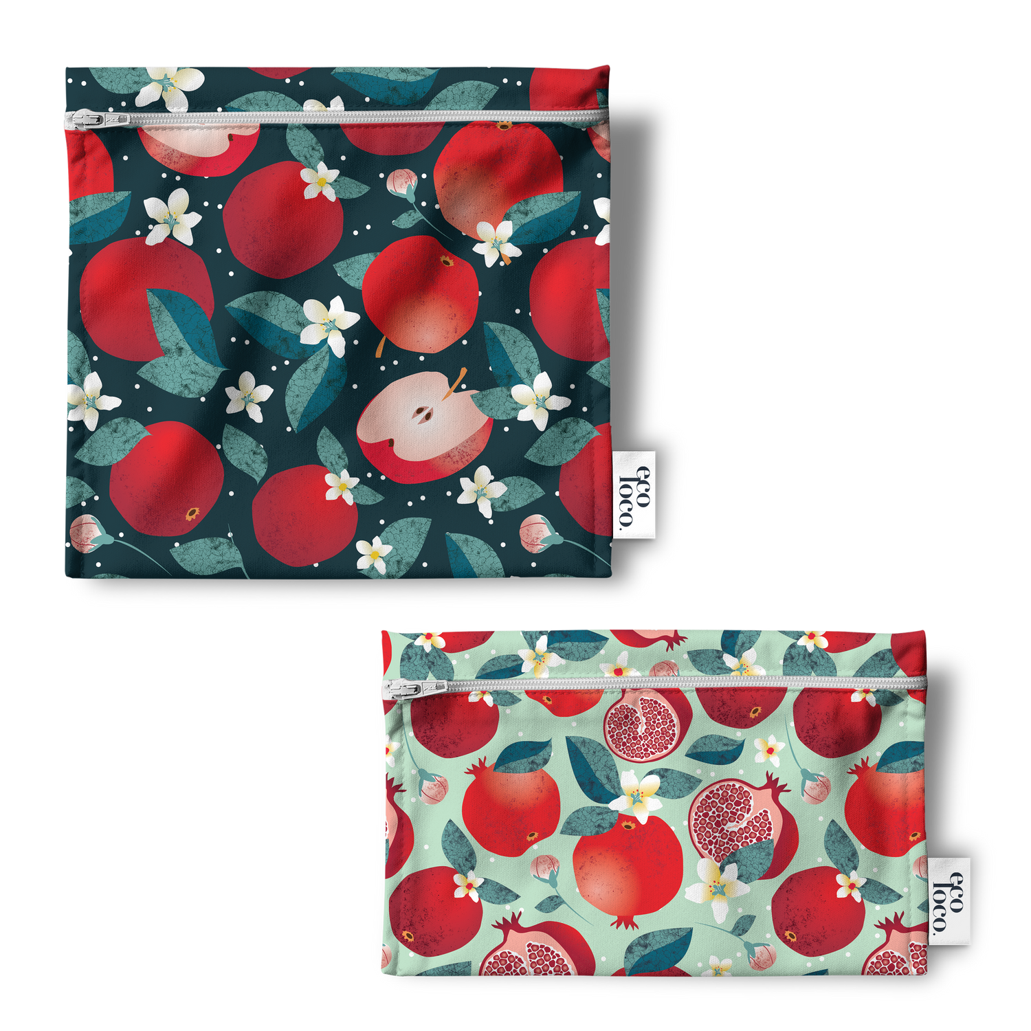 Ensemble de deux petits sacs à collations réutilisables avec des illustrations de pommes grenades et de fleurs