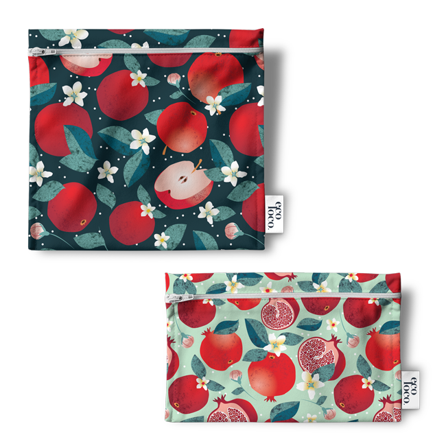 Ensemble de deux petits sacs à collations réutilisables avec des illustrations de pommes grenades et de fleurs