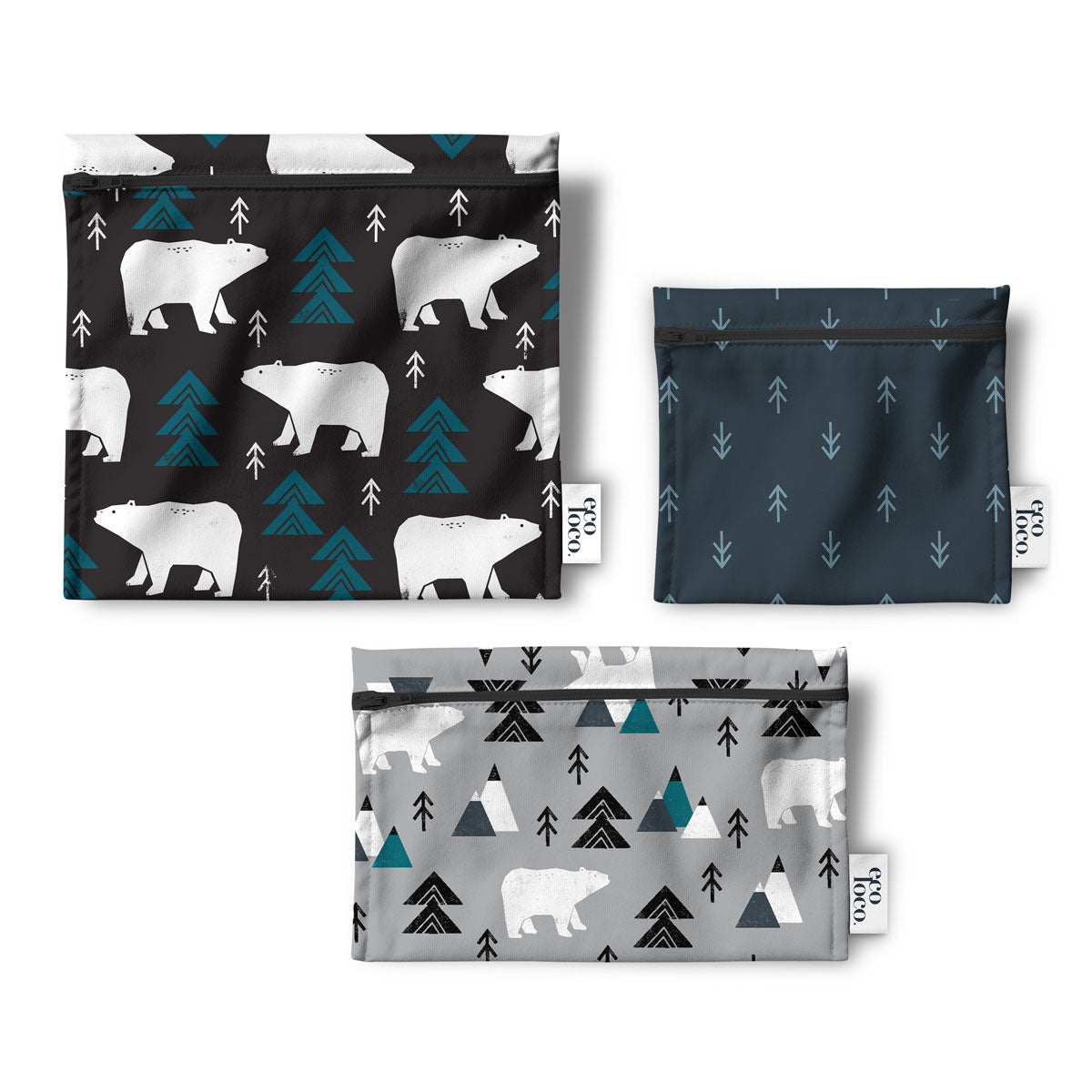 Ensemble de trois petits sacs à collations réutilisables avec des illustrations d'ours et de flèches noirs, gris et bleus