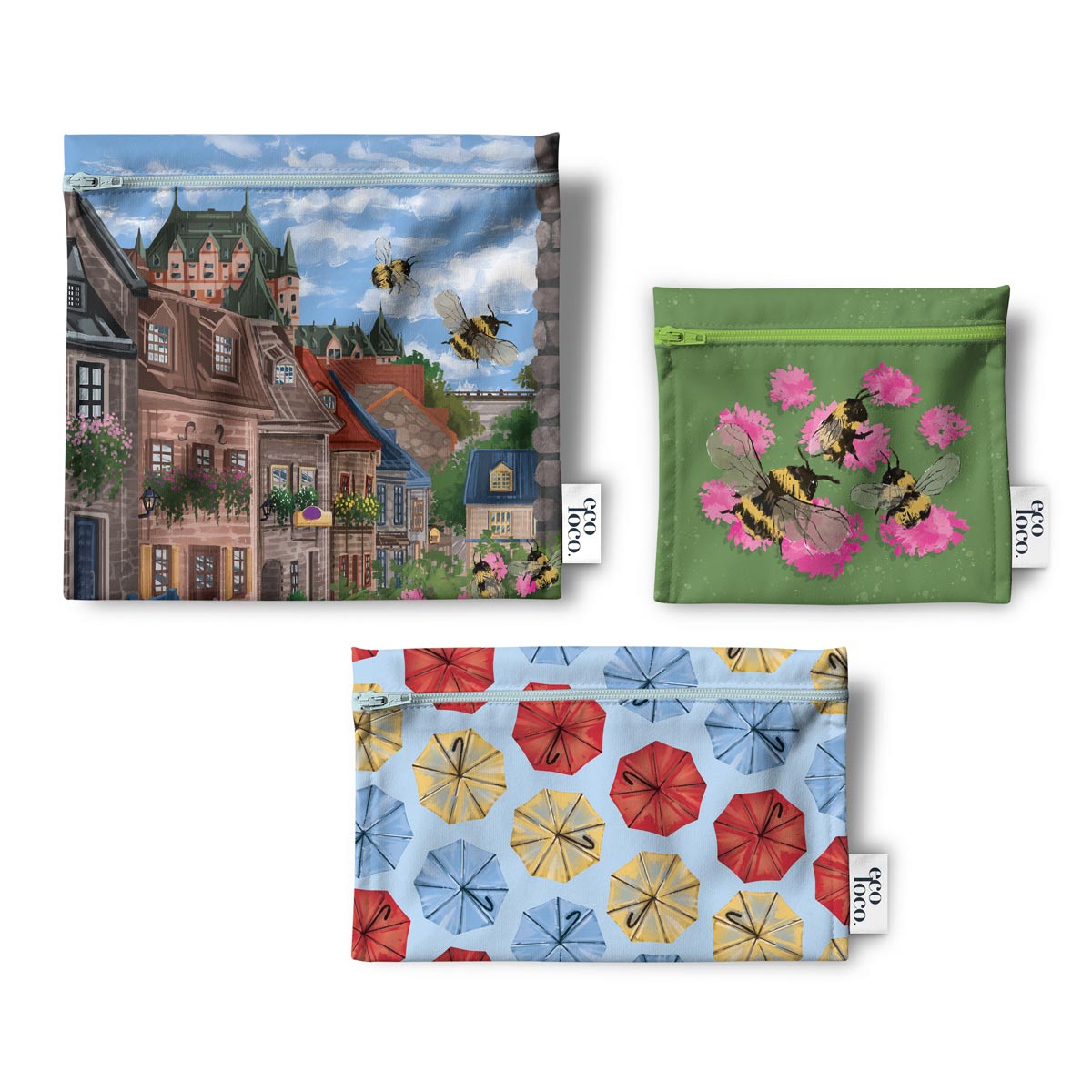 Ensemble de trois petits sacs à collations réutilisables avec des illustrations de la Ville de Québec et du chateau Frontenac avec des petites abeilles et des parapluies