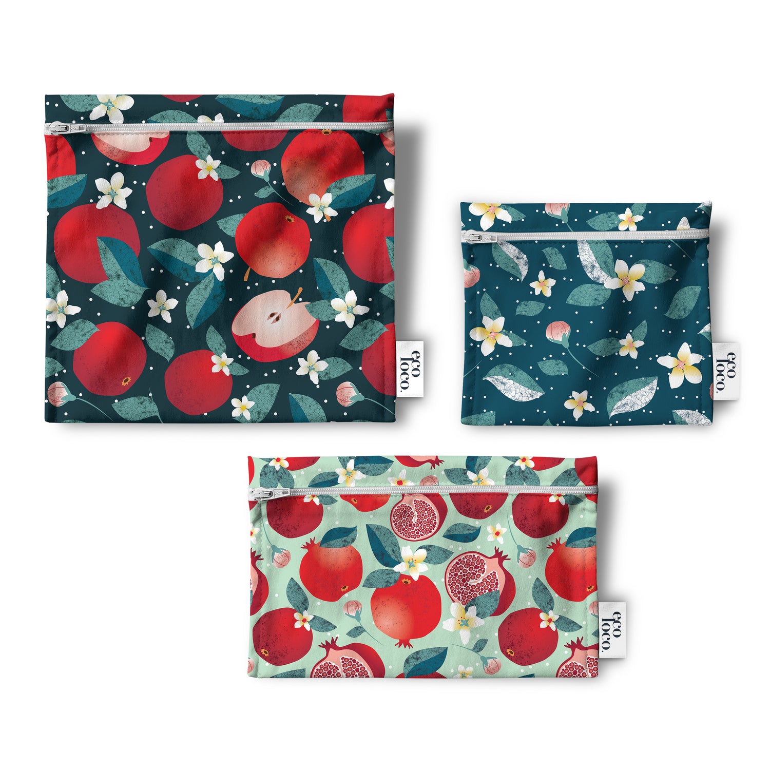 Ensemble de trois petits sacs à collations réutilisables avec des illustrations de pommes grenades et de fleurs