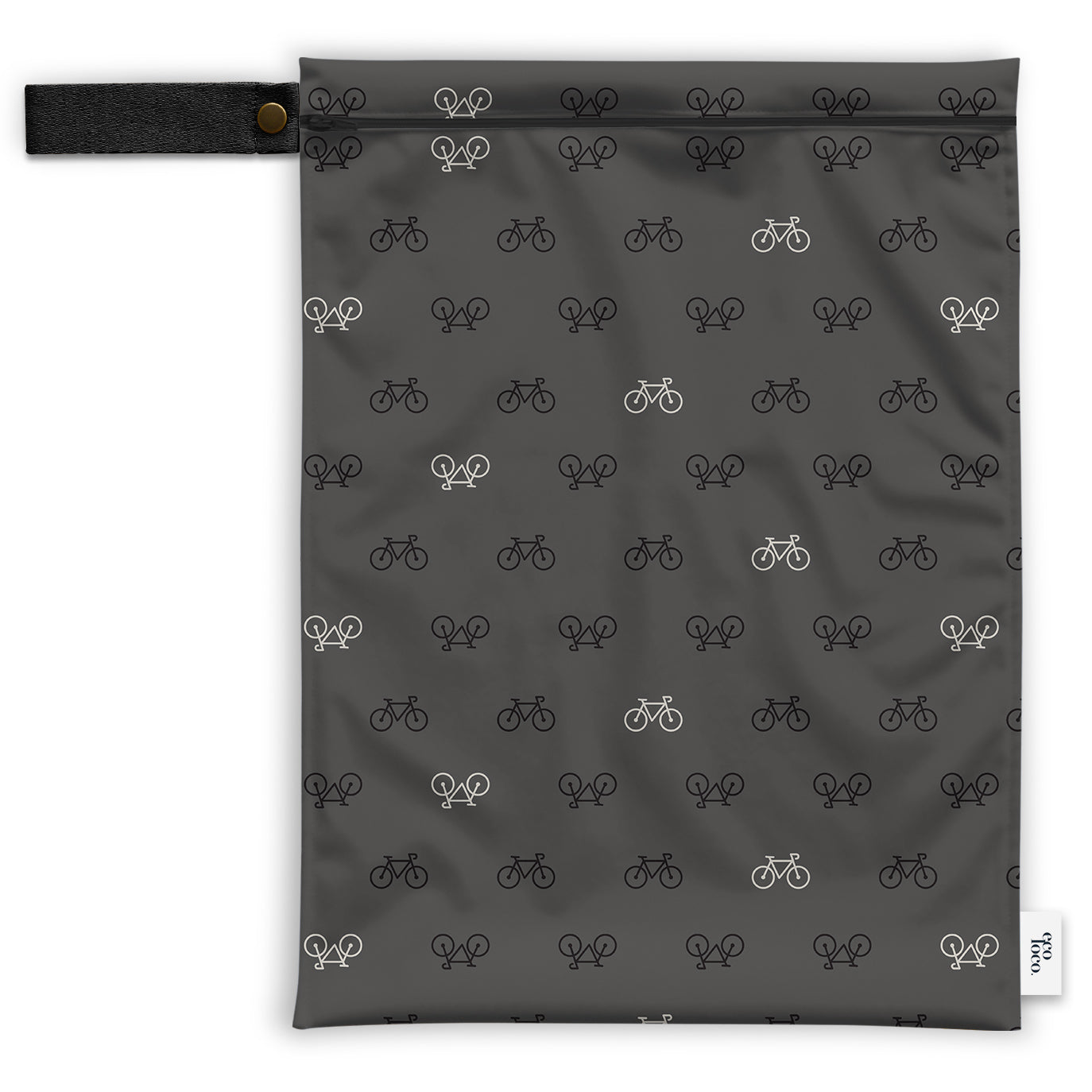 Grand sac de transport pour couches réutilisables à motifs de vélos gris sur fond blanc et ganse noire