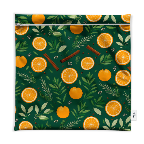 Sac extra-large réulilisable pour la congélation et l'achat de pain. Fait par Eco Loco en bouteille de plastique recycée. Motif de Cannelle