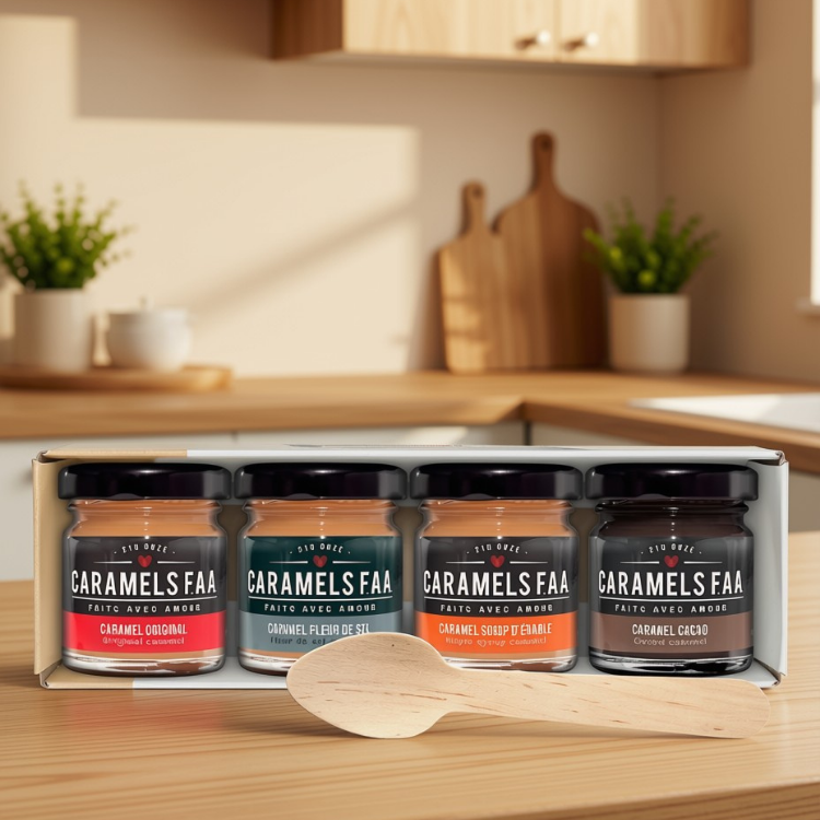 Un coffret blanc contenant 4 pots sur lesquels il est écrit Caramels FAA et des saveur avec une cuillère en bois déposé sur un comptoir de cuisine en bois avec un arrière plan flou d'une cuisine minimaliste.