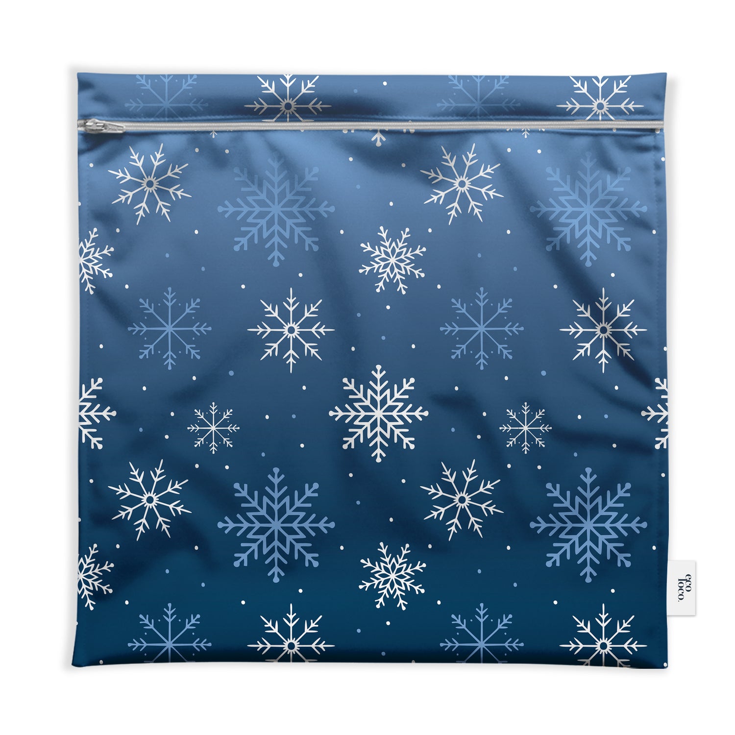 Sac extra-large freezer fait par Eco Loco fond bleu avec flocons blancs
