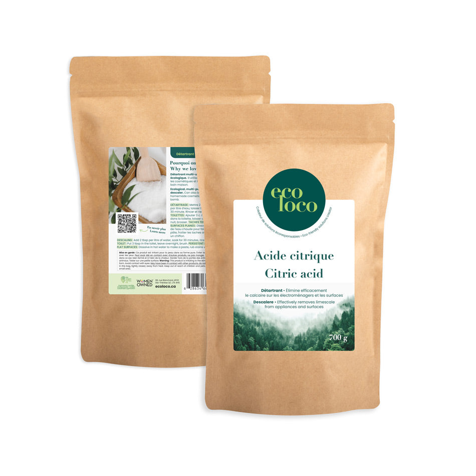 Deux pochettes en papier kraft avec le logo Eco Loco sur un fond blanc contenant de l'acide citrique