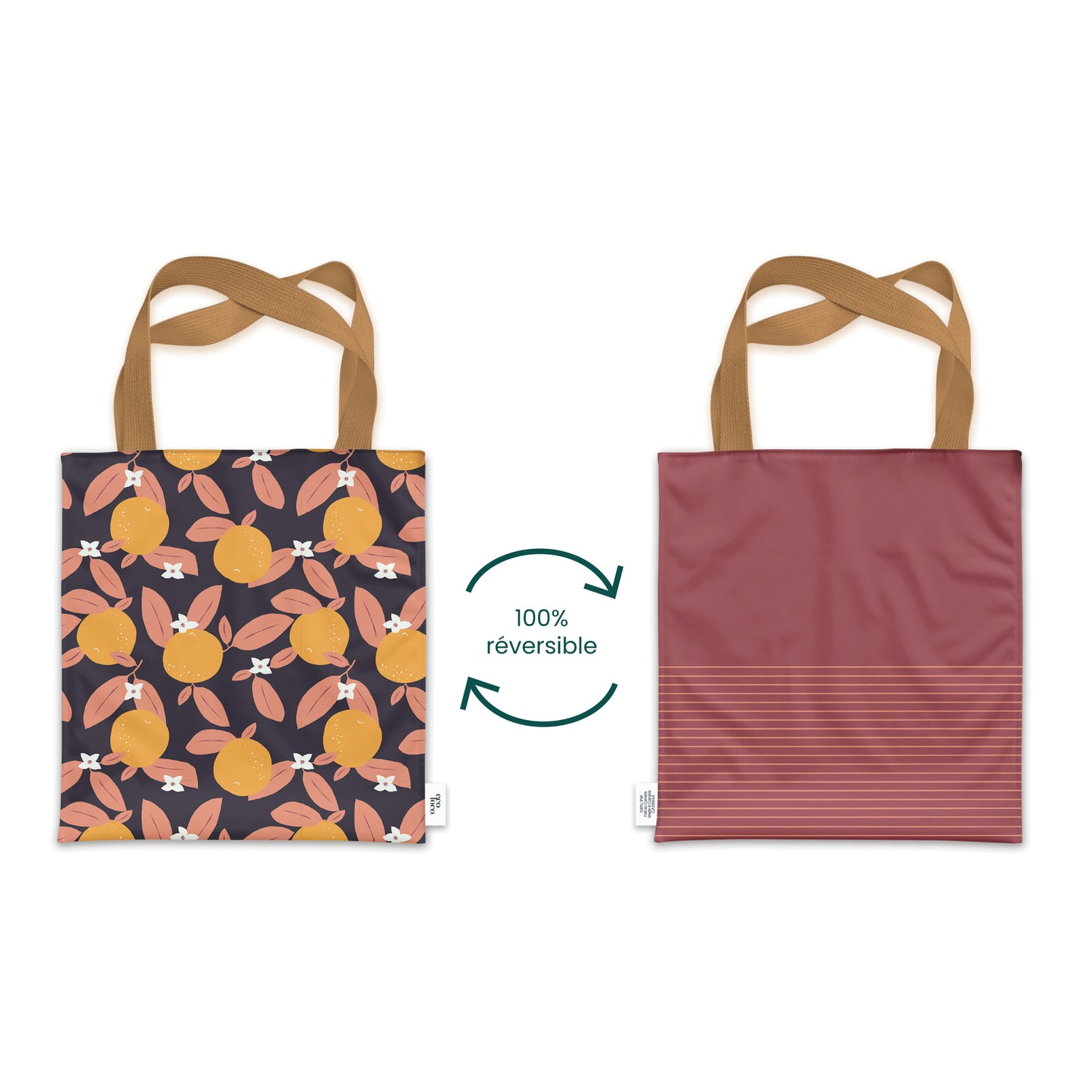 deux sacs fourre tout avec motifs oranges et rose avec les ganses beiges sur fond blanc
