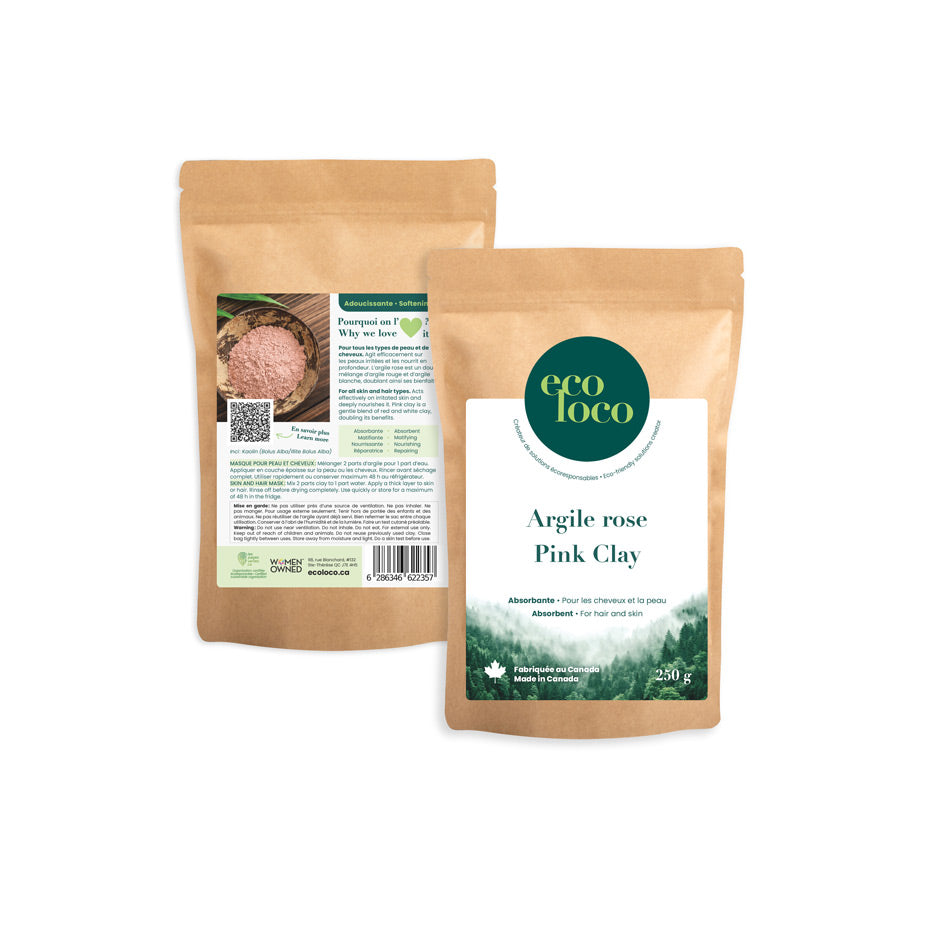 Deux pochettes en papier kraft avec le logo Eco Loco sur un fond blanc contenant de l'argile rose