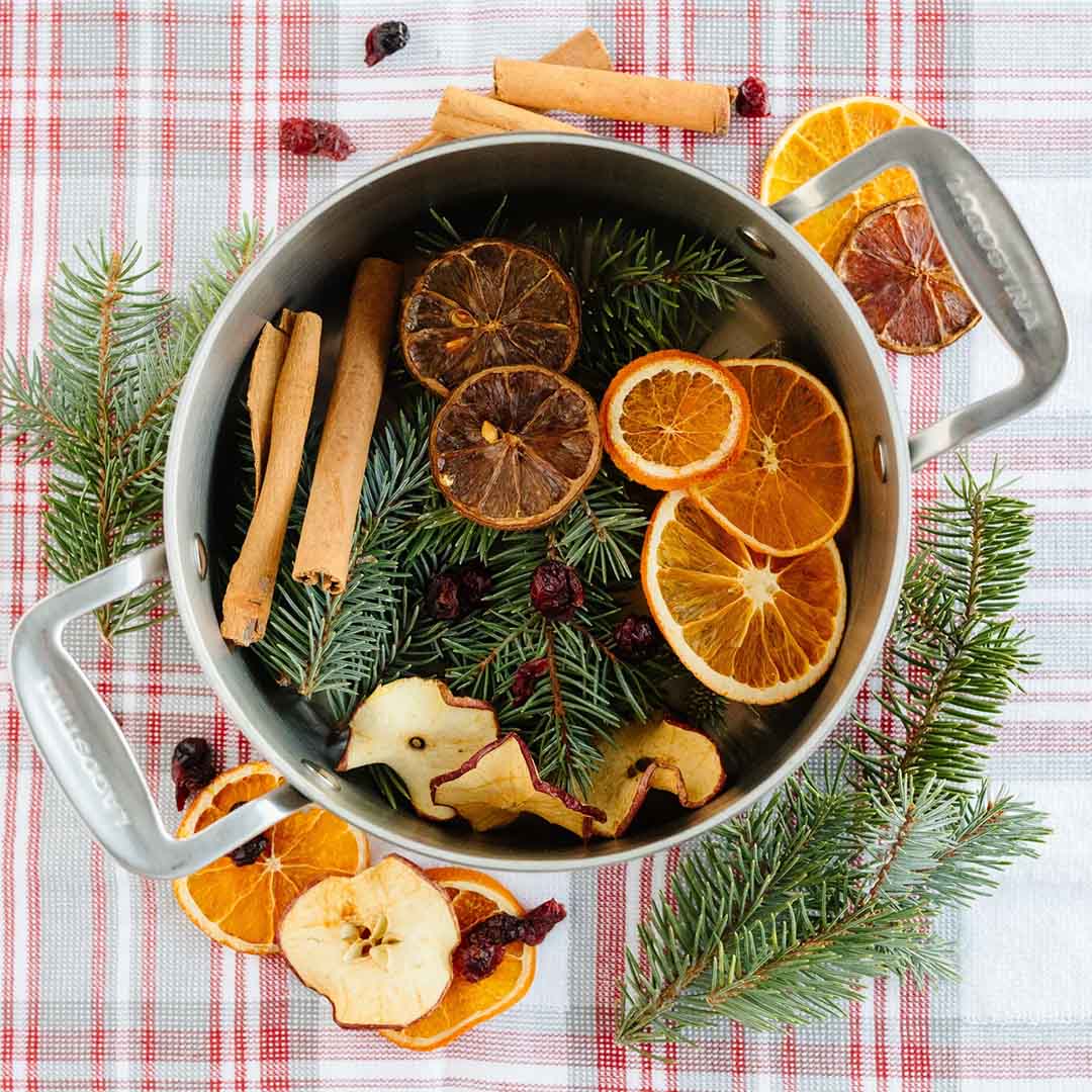 Chaudron de métal contenant un ensemble de pot-pourrie avec des tranches d'oranges séchées, bâtons de cannelle, tranches de pommes séchées, canneberges, branches de sapin, pin sur un textile tissu nappe carrelé rouge et blanc ambiance festive des Fêtes Noël.