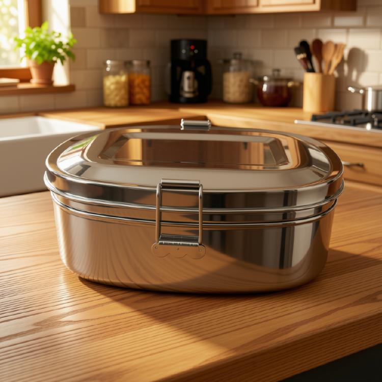 Plat en acier inoxydable pour le lunch avec des clips sur les côté et déposé sur un comptoir en bois dans une cuisine chaleureuse.