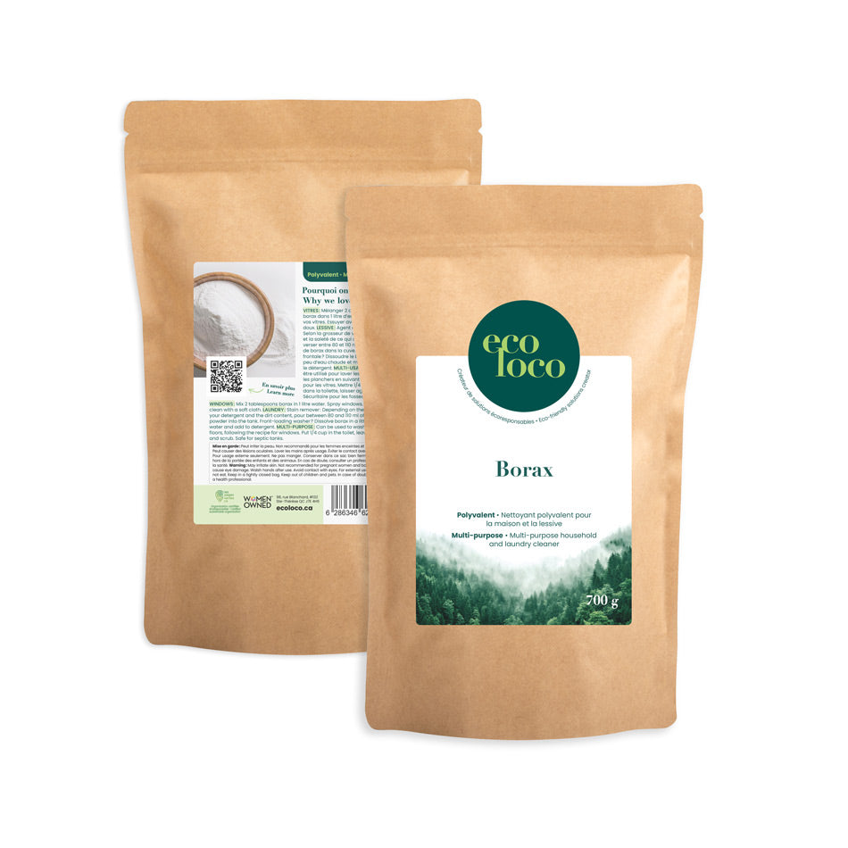 Deux pochettes en papier kraft avec le logo Eco Loco sur un fond blanc contenant du Borax