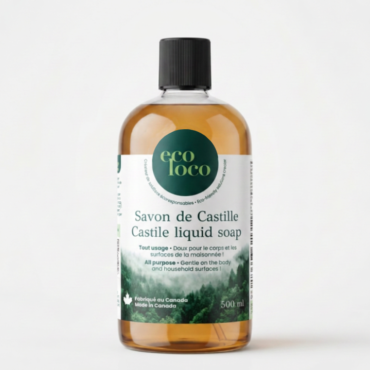 Une bouteille boston round clair de savon de castille de 500 ml fait au Canada de la marque Eco Loco