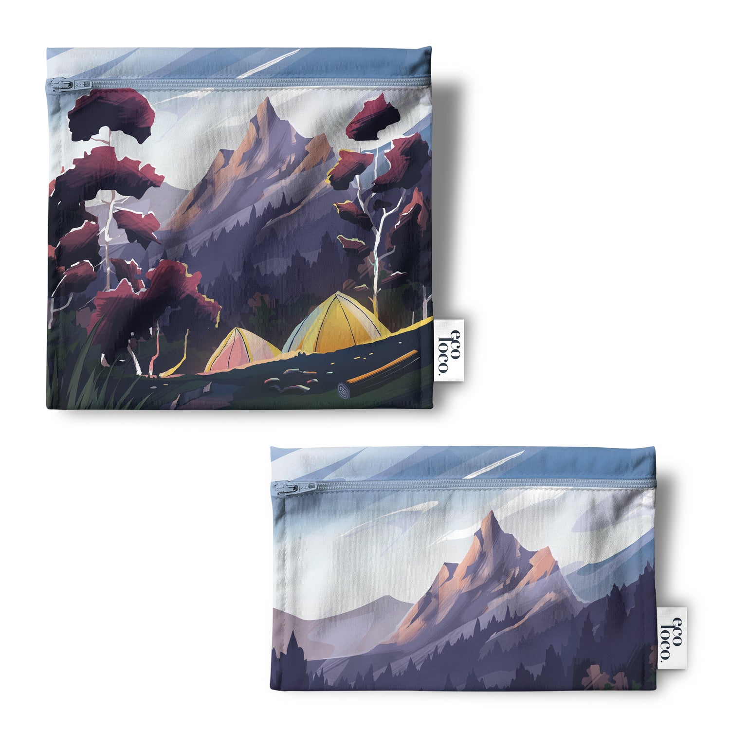 Deux sacs réutilisables avec des images de camping montages et tente jaune et rose