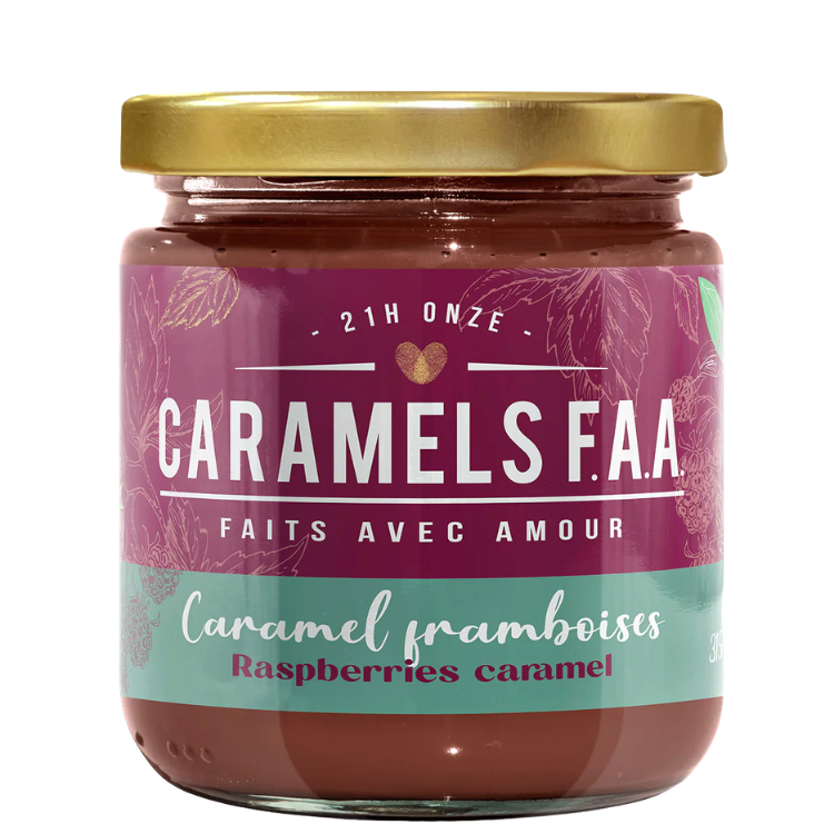 Pot de caramel à la framboise des Caramels FAA avec un couvercle or et une étiquette mauve.