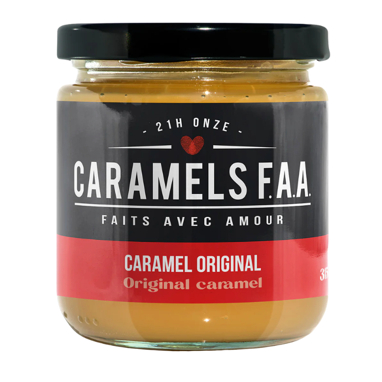 Pot de Caramel original des Caramels FAA avec un couvercle noir.