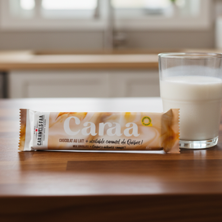Barre de chocolat au caramel Caraa des Caramels FAA déposé une un comptoir en bois avec un verre de lait.