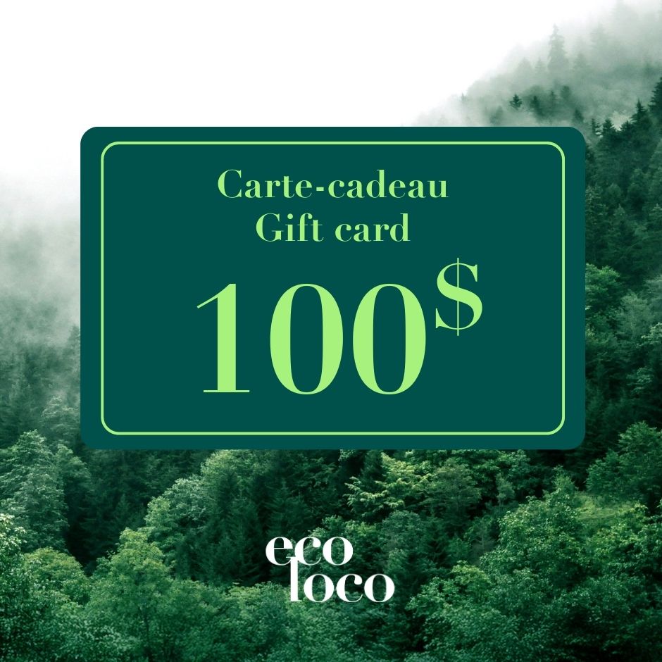 Carte cadeau Gift card 100$ avec une forêt verte et le logo eco loco