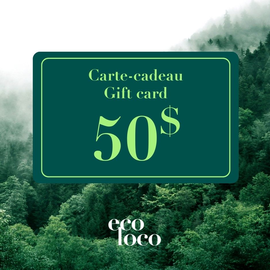 Carte cadeau Gift card 50$ avec une forêt verte et le logo eco loco
