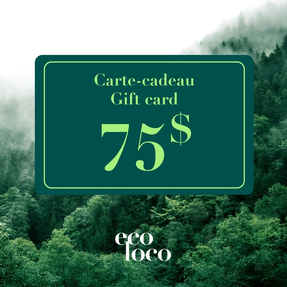 Carte cadeau Gift card 75$ avec une forêt verte et le logo eco loco