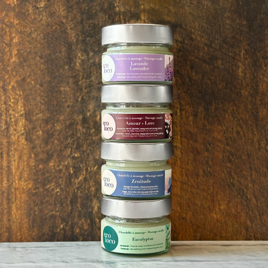 Quatre chandelles à massage lavande amour zénitude eucalyptus fond de bois