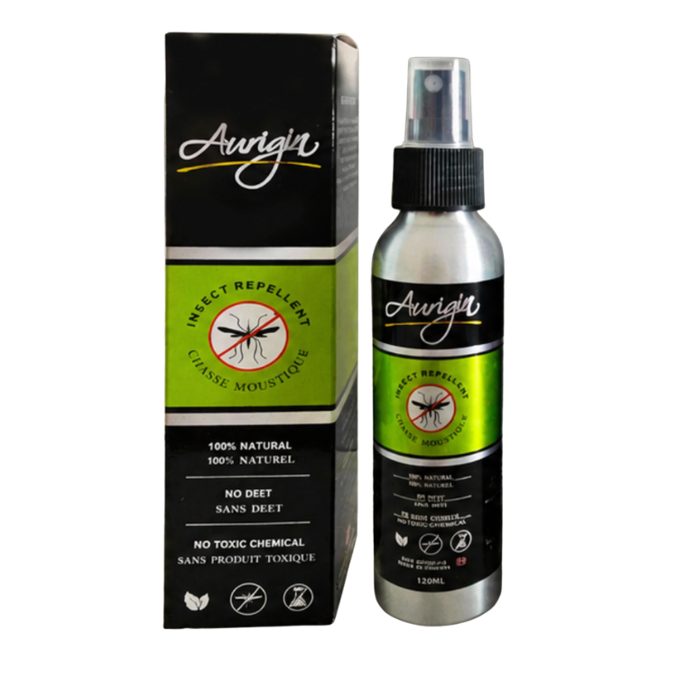 Bouteille en aluminium et boite avec étiquette verte de chasse-moustique naturels et sans DEET sur un fond blanc. Indication de non toxique et de 100% naturel de la marque Québécoise Aurigin