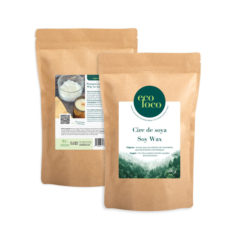 Deux pochettes en papier kraft avec le logo Eco Loco sur un fond blanc contenant de la cire de soya