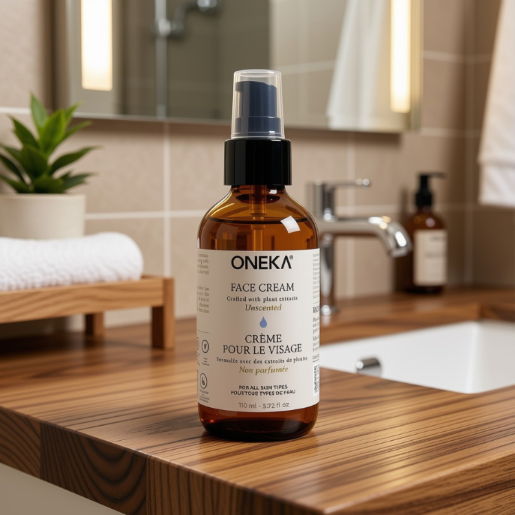 Pot en verre ambré avec une pompe noire sur lequel on peut lire Oneka Crème pour le visage non parfumé en français et en anglais sur un comptoir de salle de bain en bois.