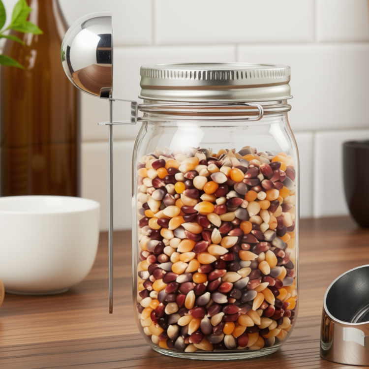 Un pot en verre contenant des grains de popcorn avec une cuillère en acier inoxydable attaché sur le pot et déposé sur un comptoir en bois.