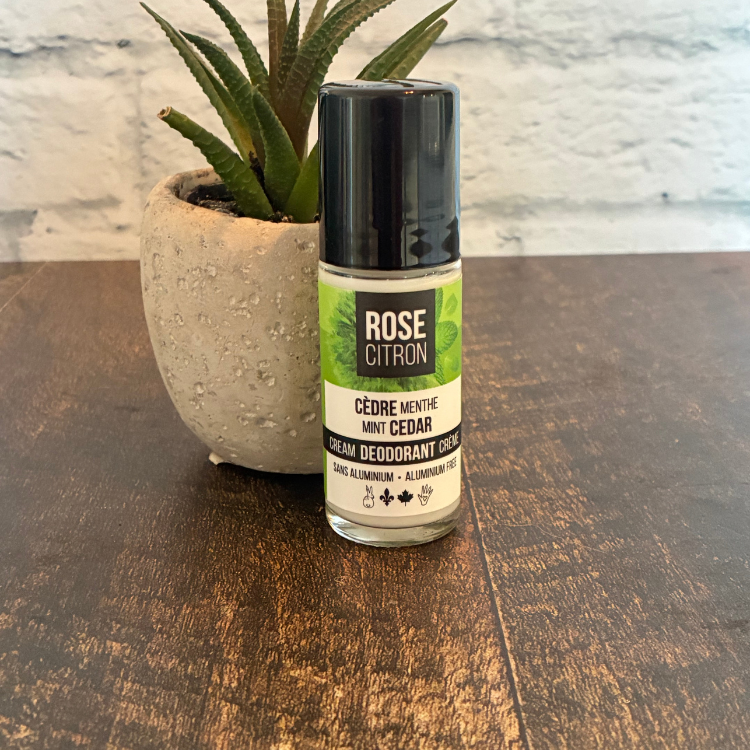 Bouteille de déodorant de la marque Rose Citron à la menthe et cèdre adossé à une petite plante avec une étiquette verte
