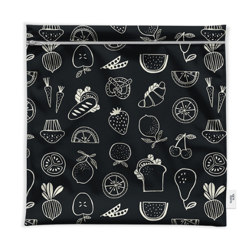 Sacs extra-larges lavables style ziplock avec des motifs de fruits et de légumes sur un fond noir. Sac réutilisable pour la congélation.