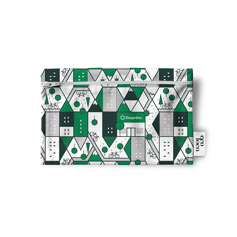 Items promotionnels fait au Québec, représentaé par un sac à lunch réutilisable écologique personnalisé pour Desjardins