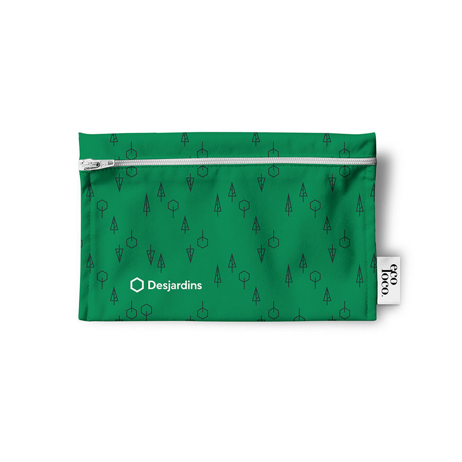 Un produit personnalisable fait au Québec démontrant un sac à lunch réutilisable de format collation pour l'entreprise Desjardins.