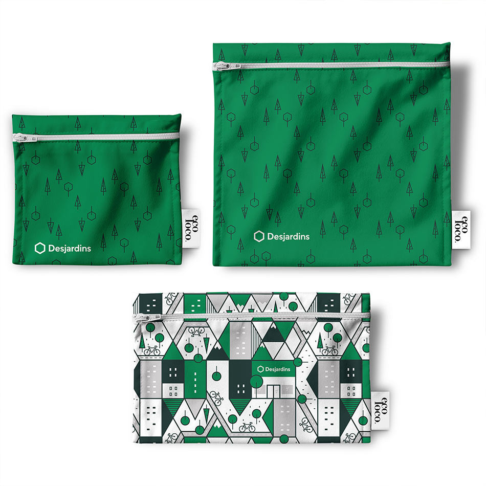 Trio de sacs à lunch écologiques faits en bouteilles de plastique recyclées au Québec personnalisés pour Desjardins