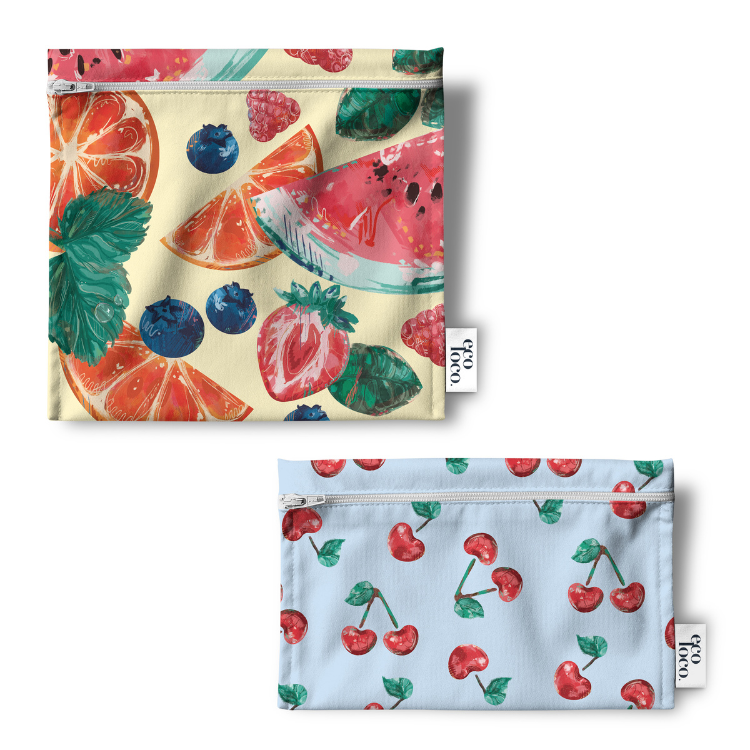 Duo de sacs réutilisables pour les lunchs ou multi-usage avec des motifs de fruits et de cerise.