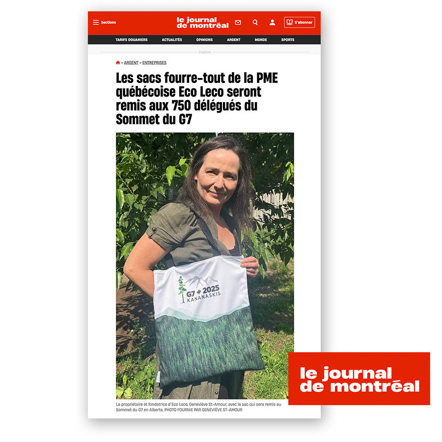 Femme qui tient un sac fourre-tout du G7 fabriqué par Eco Loco qui seront remis aux délégués du Canada article dans le Journal de Montréal