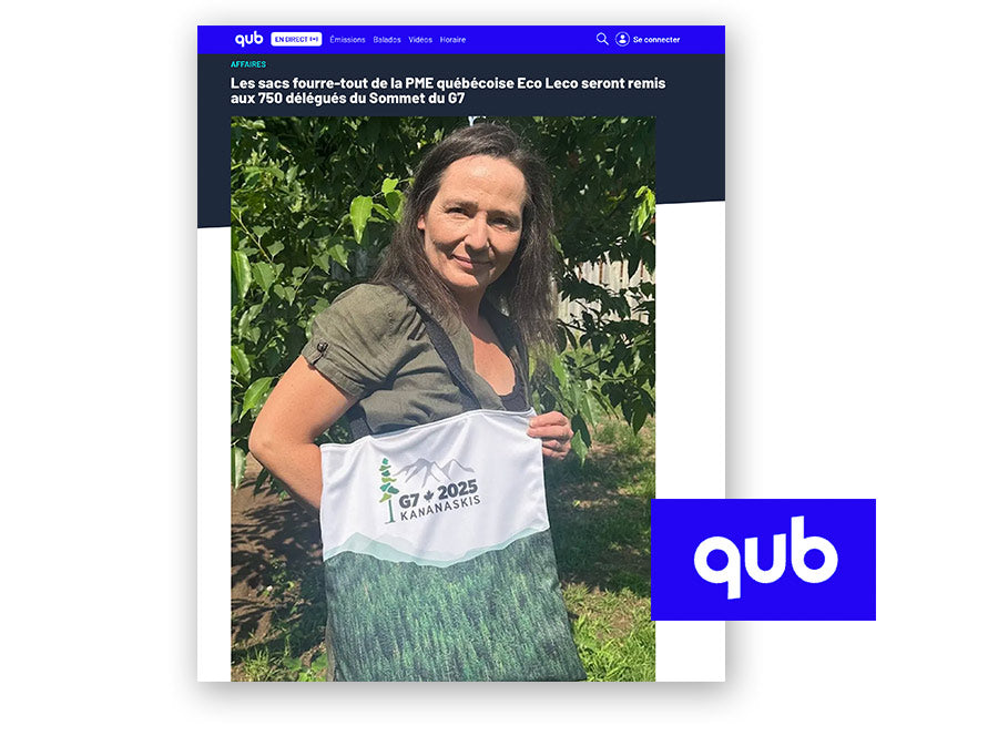 Femme qui tient un sac fourre-tout du G7 fabriqué par Eco Loco qui seront remis aux délégués du Canada article dans QUB