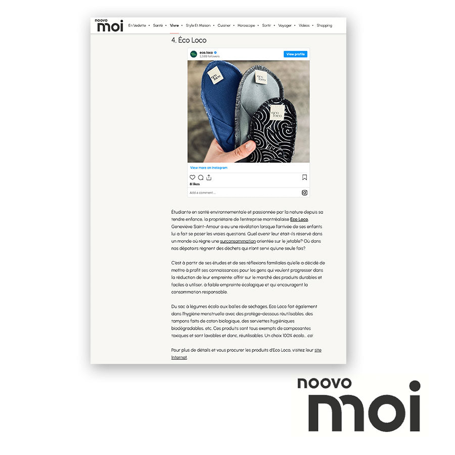 Eco Loco dans l'article de presse Noovo et Moi Serviettes hygiéniques lavables