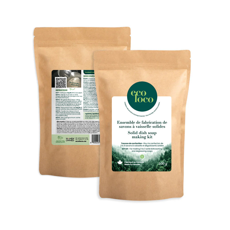 Deux sacs d'ensemble à fabrication de savons à vaisselle solides en papier kraft avec le logo d'Eco Loco sur fond blanc
