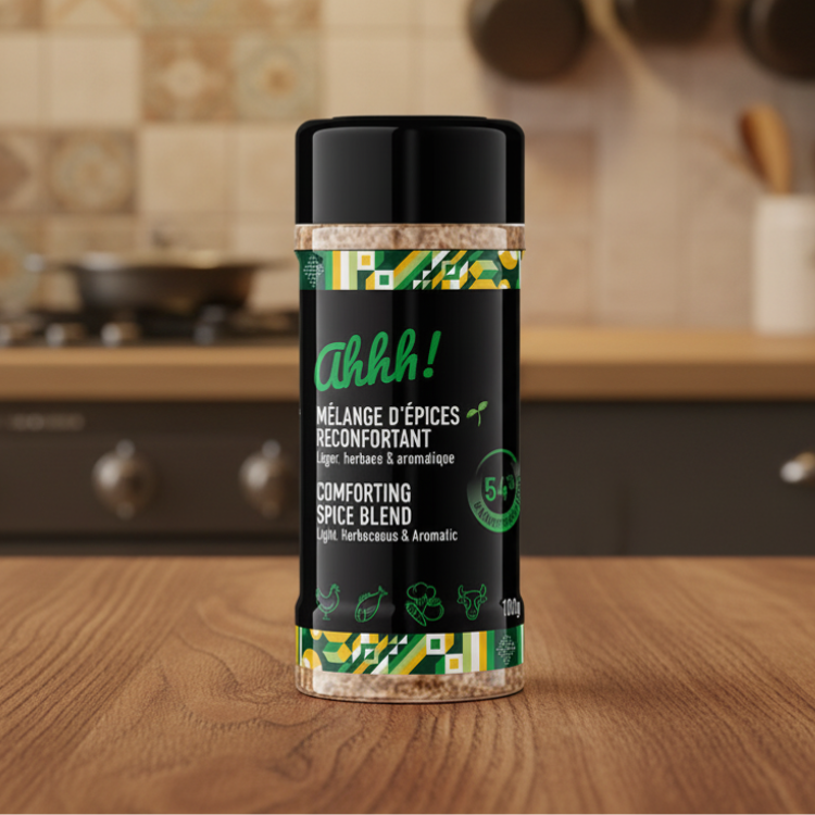 Pot d'épice revalorisé de la marque Eklor avec une étiquette noir et verte sur un comptoir de cuisine en bois.