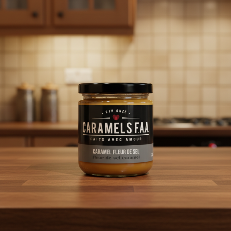 Une pot avec une étiquette sur la quel est inscrit Caramels FAA faits avec avoir caramel fleur de sel avec un couvercle noir déposé sur un comptoir de cuisine en bois avec un arrière plan de cuisine.