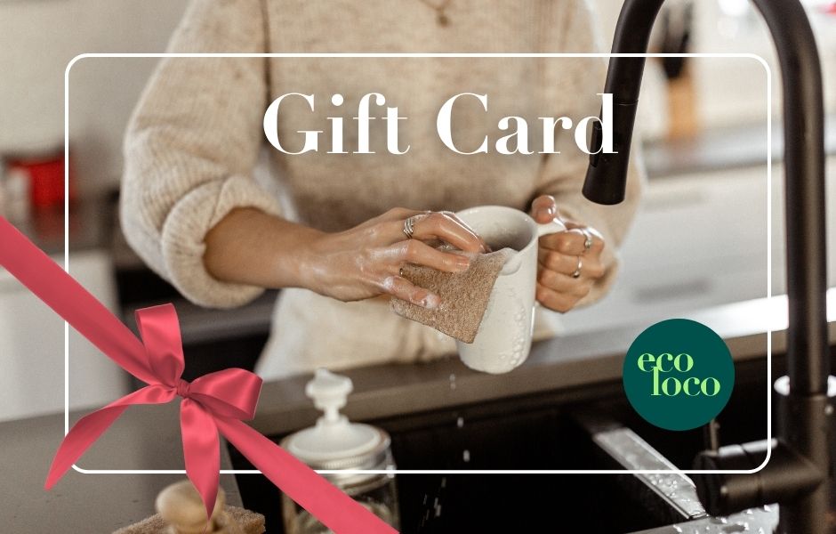 Gift card Eco Loco with a woman who is cleaning dishes, a red bow