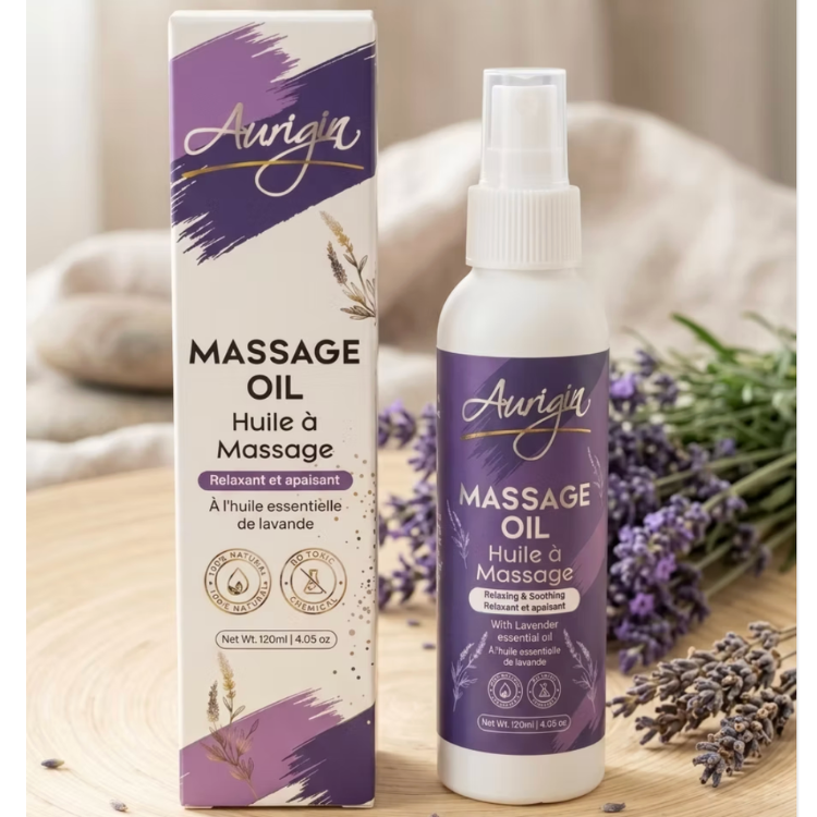 Huile à massage relaxante dans un contenant vaporisateur et sa boite blanche indiquant la marque Aurigin avec de de la lavande et un tissu en lin naturel.