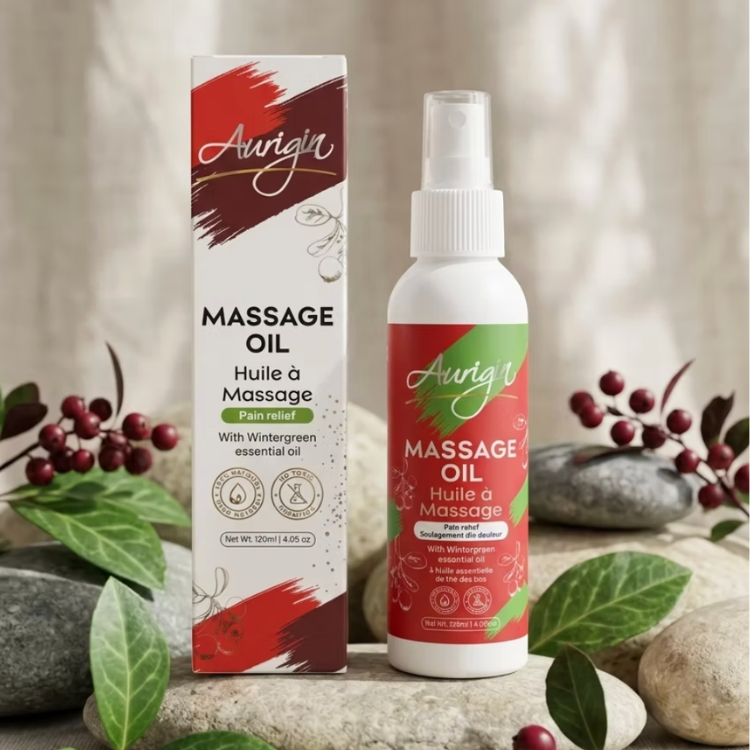 Huile à massage soulagement de la douleur dans un contenant vaporisateur et sa boite blanche et une étiquette rouge indiquant la marque Aurigin avec du thé des bois.