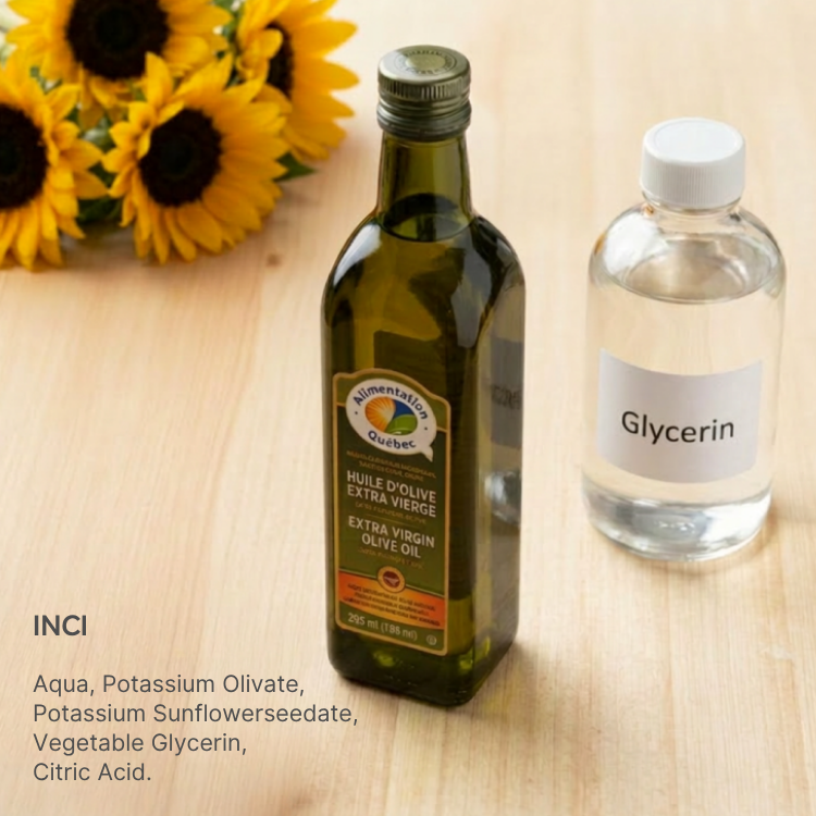 Les principaux ingrédients du savon de castille représenté par une bouteille d'huile d'olive et de glycérine naturelle.
