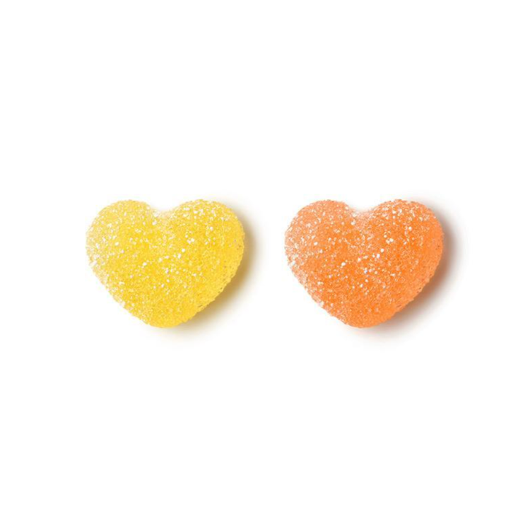 2 bonbons jaune et orange à la saveur de pêche vendu par Eco Loco de la marque Squish sur fond blanc.