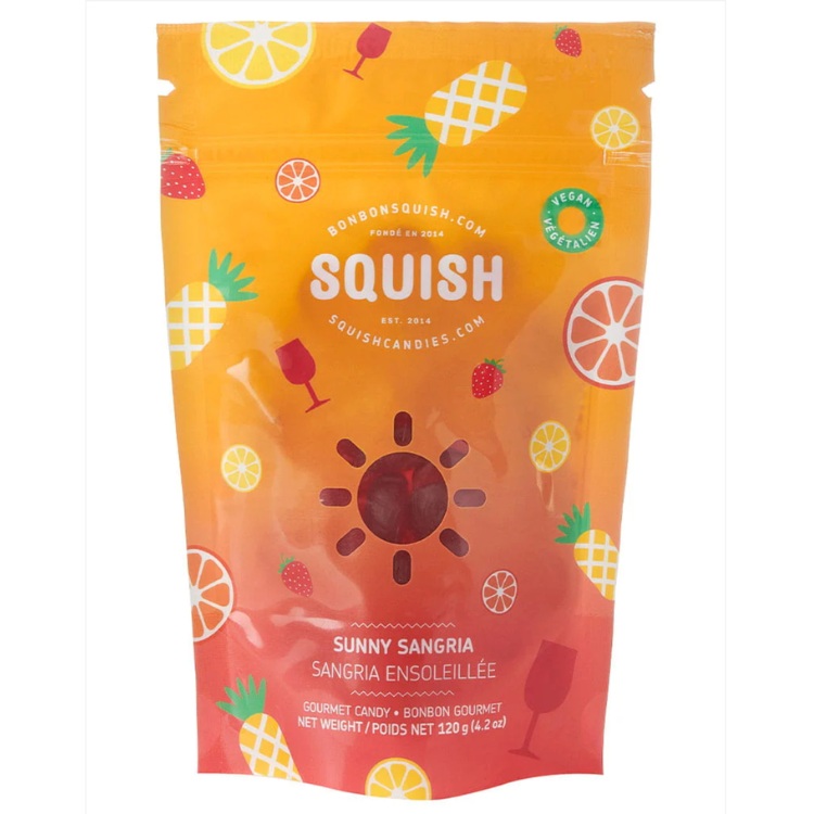 Sac de bonbon vegan à la saveur de sunny sangria la marque squish sur un Un fond blanc. Vendu par Eco Loco, Le sac est orangé