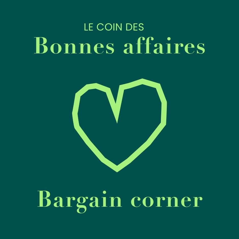 Fond vert avec un coeur vert lime avec l'inscription Le coin des bonnes affaires Eco Loco, imparfaits, erreur de commande, fin de ligne, émoji scream