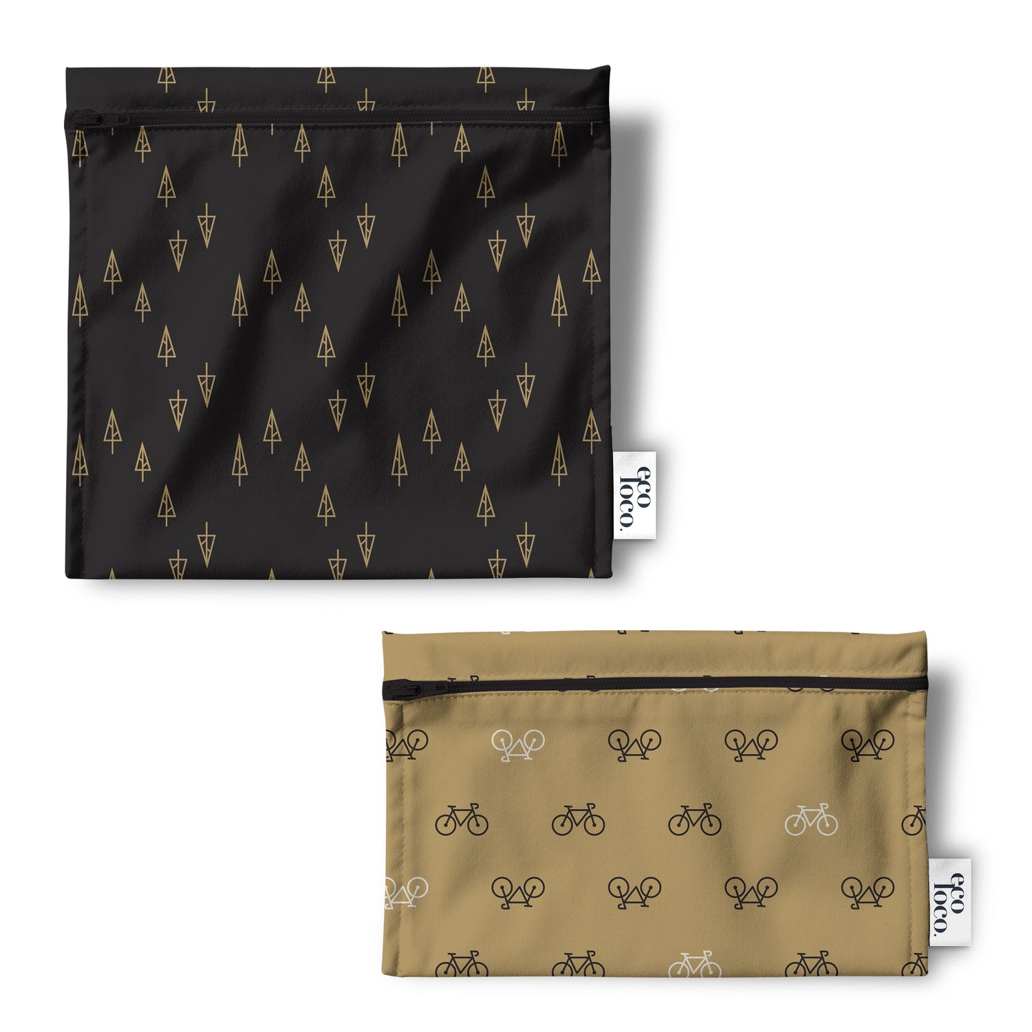 Deux sacs à collations écologiques sur fond blanc sac noir et l'autre or avec des petits sapins et des vélos