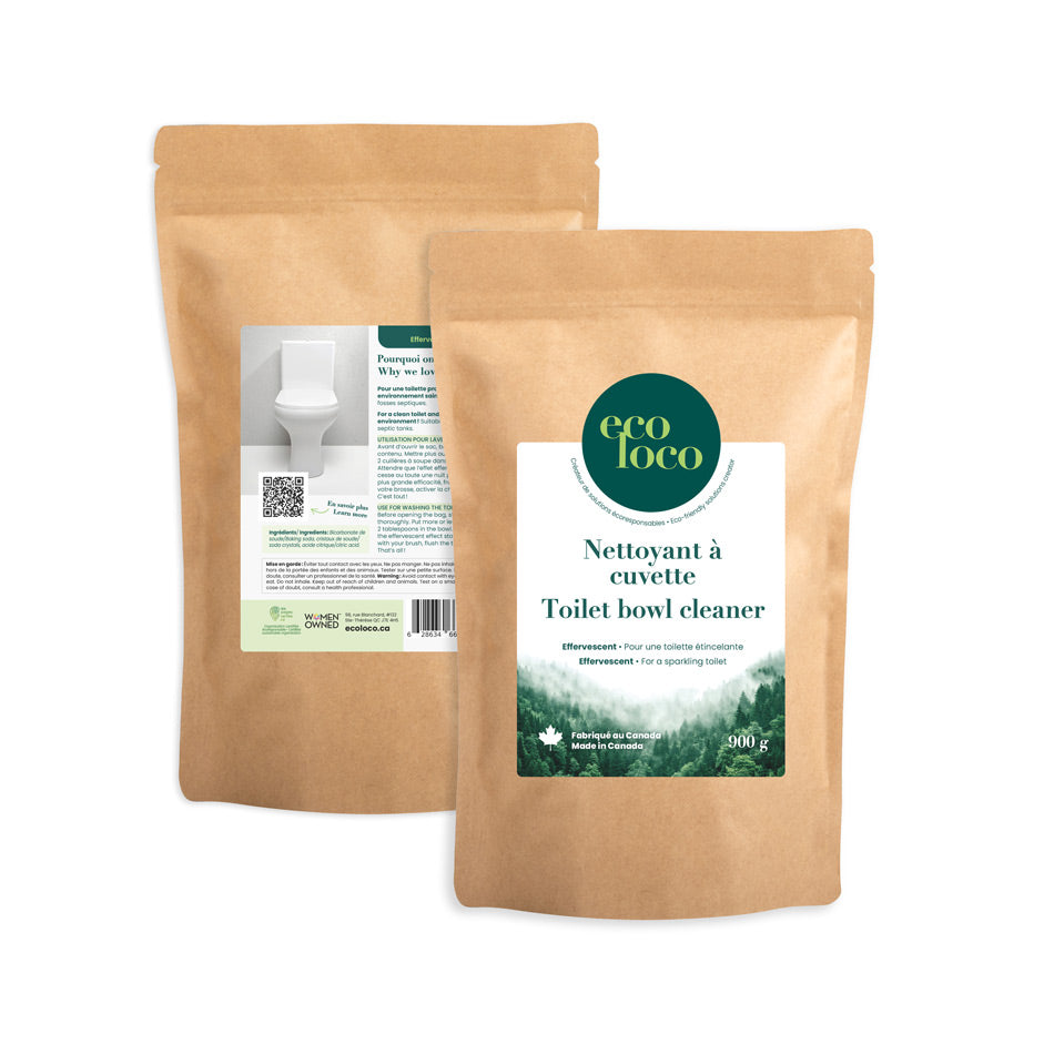 Deux pochettes en papier kraft avec le logo Eco Loco contenant du nettoyant à cuvette toilette sur un fond blanc